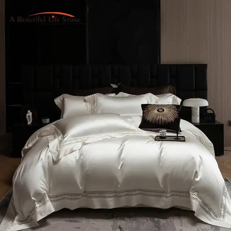 Luxury cream 1000tc egyptian cotton bedding set bedroom lace trim
