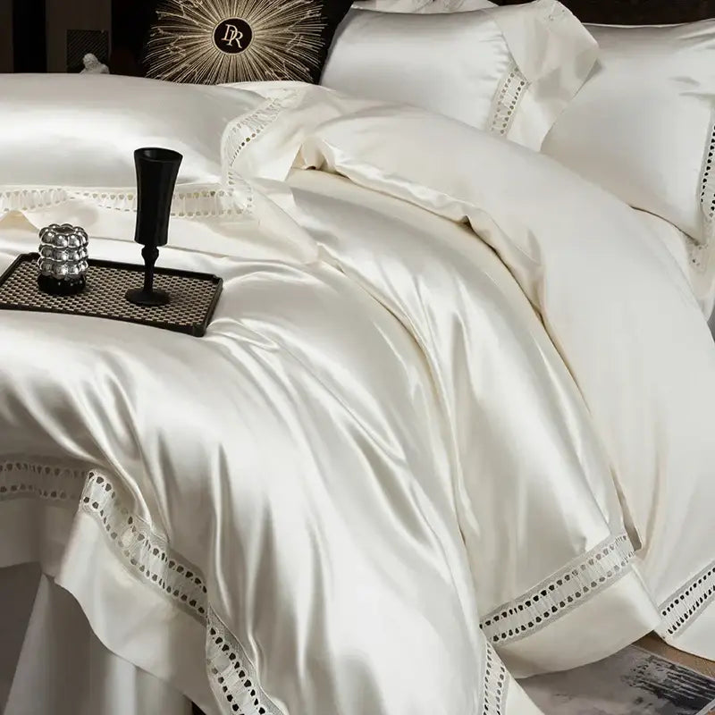 Luxury cream 1000tc egyptian cotton bedding set bedroom lace trim