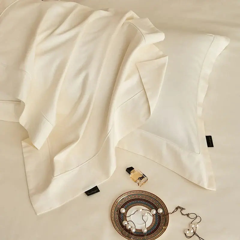Luxury cream 1400tc pima cotton bedding set bedroom pleated satin
