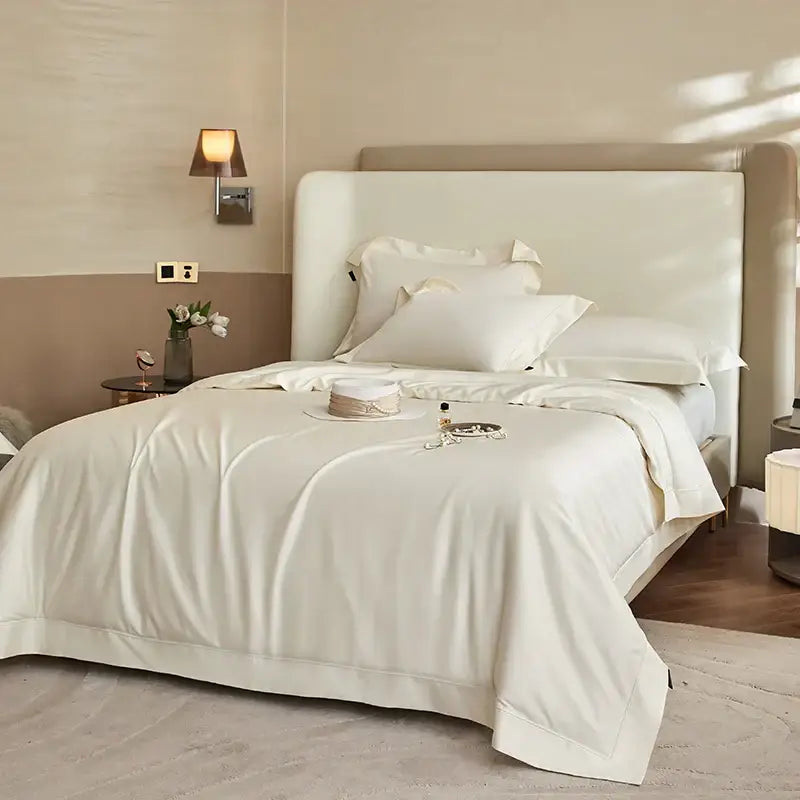 Luxury cream 1400tc pima cotton bedding set bedroom pleated satin