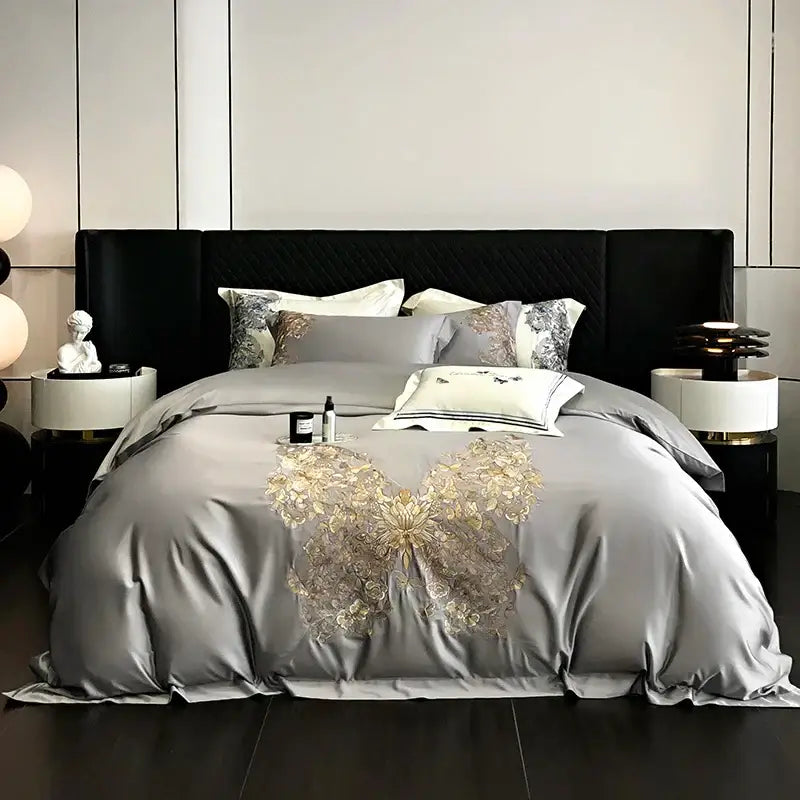 Luxury cream & blue butterfly flowers embroidery bedding set bedroom