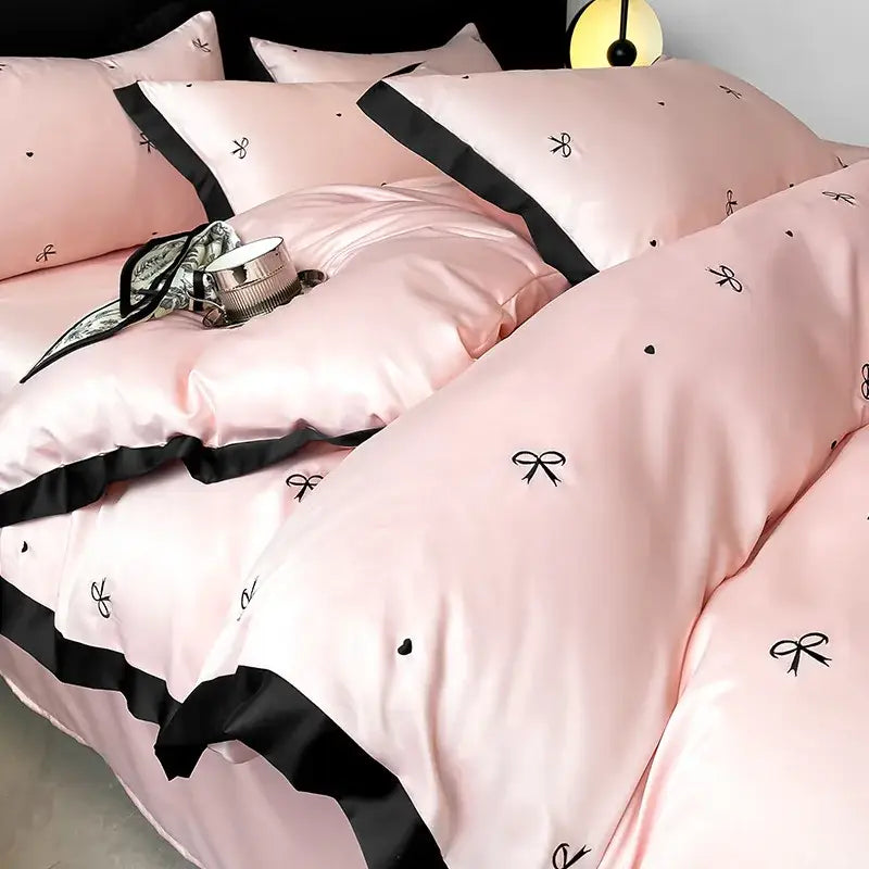 Luxury cream & pink ice silk floral bedding sets bedroom duvet set