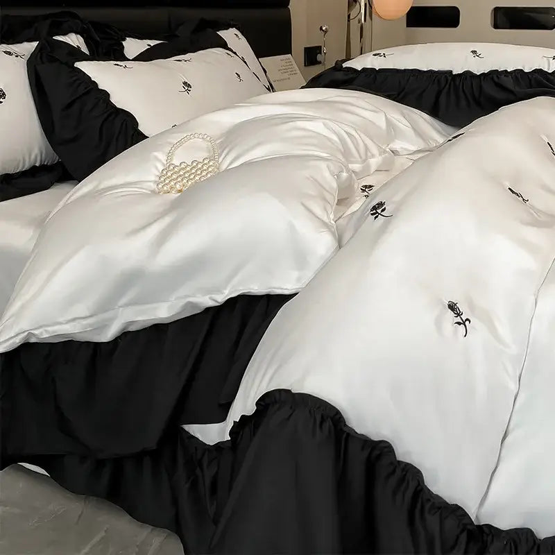 Luxury cream & pink ice silk floral bedding sets bedroom duvet set
