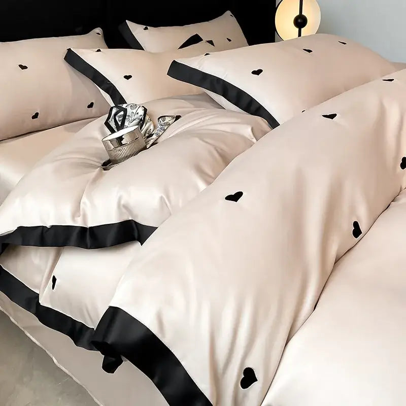 Luxury cream & pink ice silk floral bedding sets bedroom duvet set