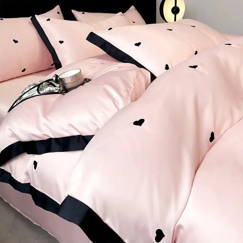 Luxury cream & pink ice silk floral bedding sets bedroom duvet set