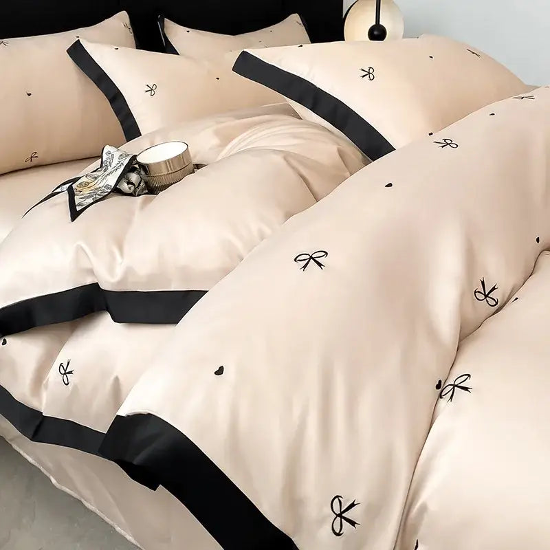 Luxury cream & pink ice silk floral bedding sets bedroom duvet set