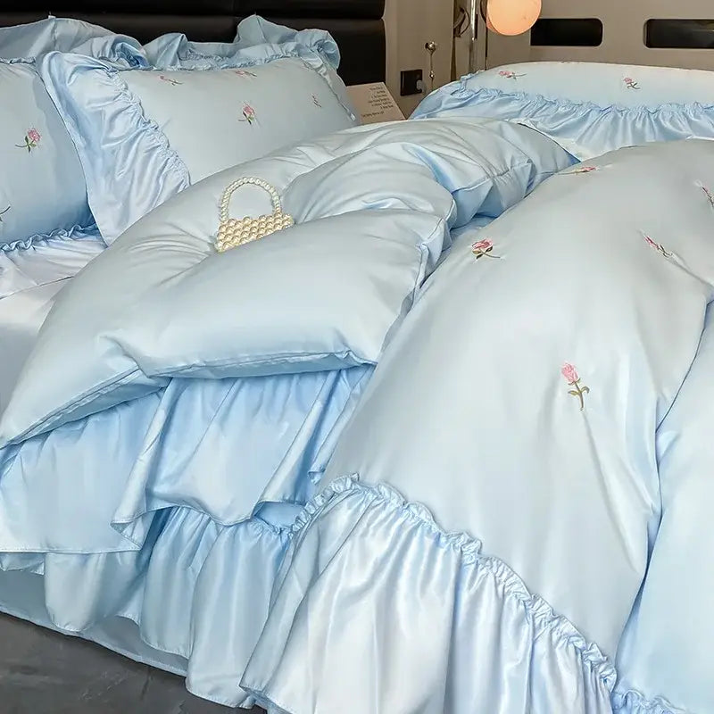 Luxury cream & pink ice silk floral bedding sets bedroom duvet set