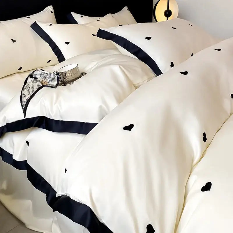 Luxury cream & pink ice silk floral bedding sets bedroom duvet set