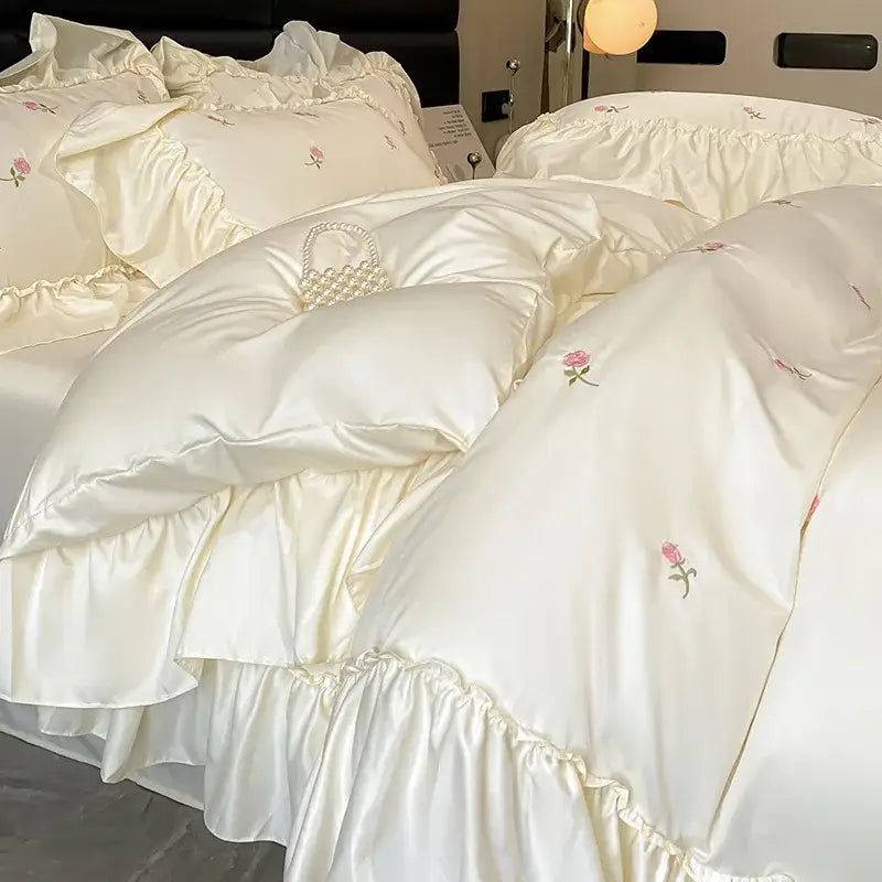 Luxury cream & pink ice silk floral bedding sets bedroom duvet set