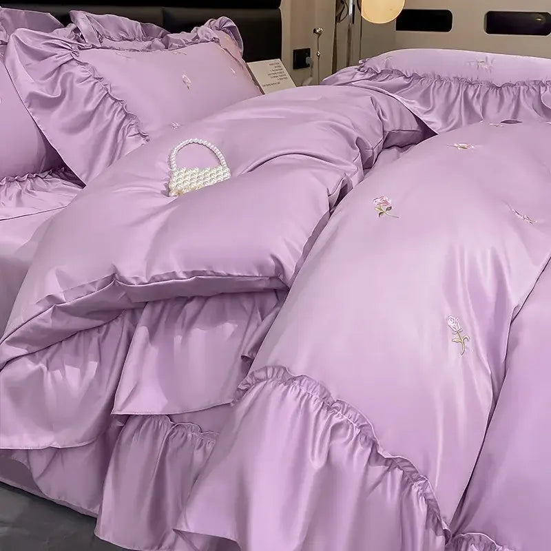 Luxury cream & pink ice silk floral bedding sets bedroom duvet set