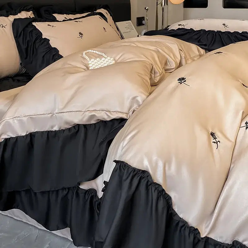 Luxury cream & pink ice silk floral bedding sets bedroom duvet set
