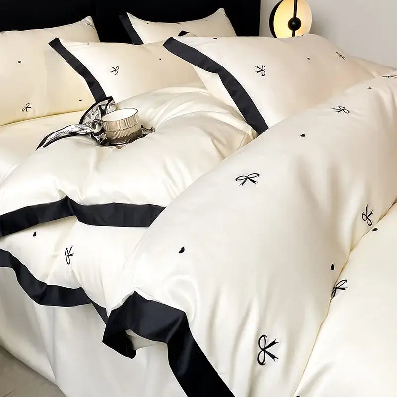 Luxury cream & pink ice silk floral bedding sets bedroom duvet set