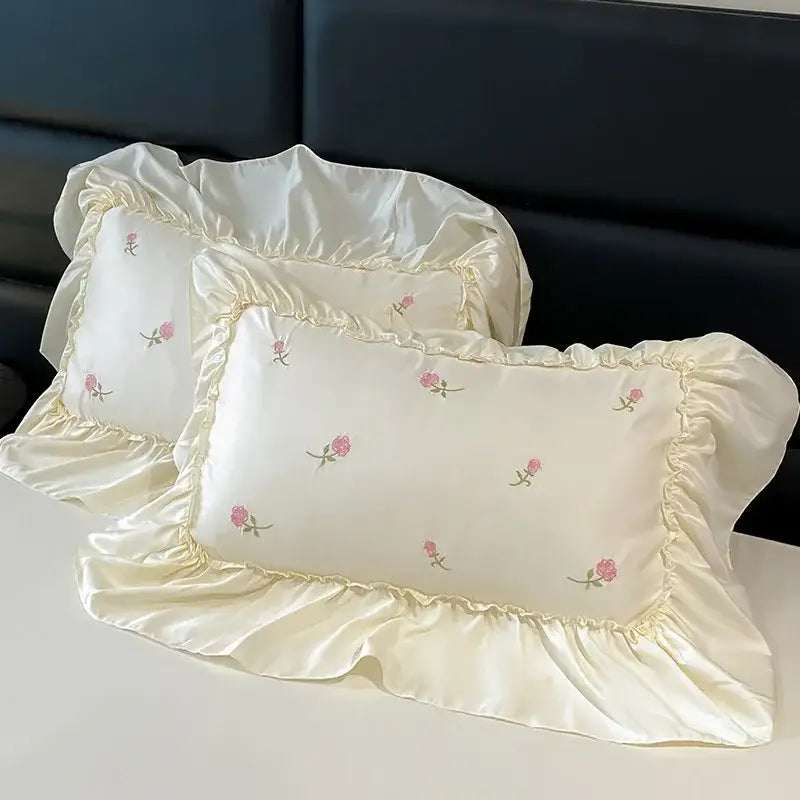 Luxury cream & pink ice silk floral bedding sets bedroom duvet set
