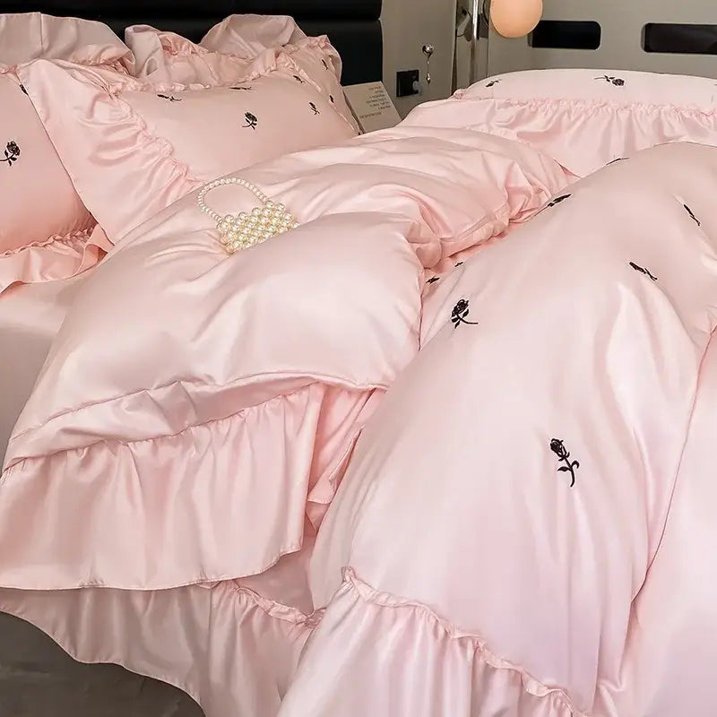 Luxury cream & pink ice silk floral bedding sets bedroom duvet set