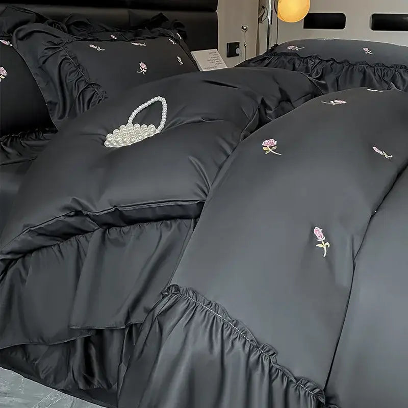 Luxury cream & pink ice silk floral bedding sets bedroom duvet set