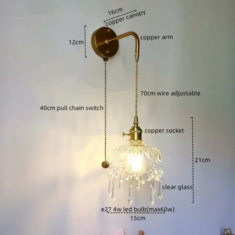 Luxury crystal copper led wall sconce for bedroom lighting
