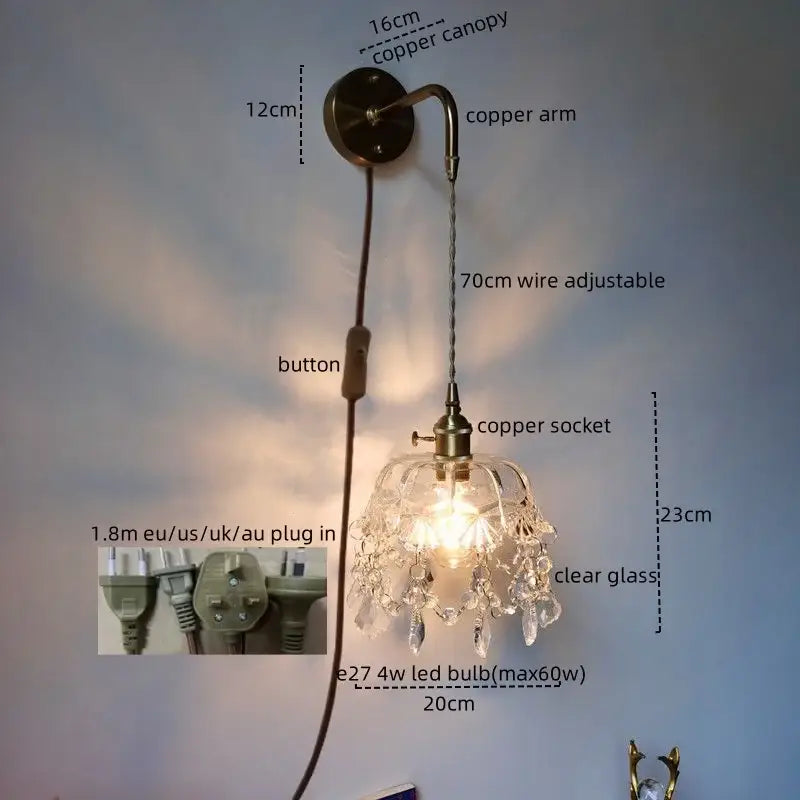 Luxury crystal copper led wall sconce for bedroom lighting