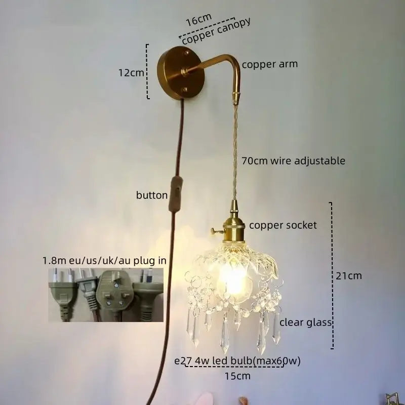 Luxury crystal copper led wall sconce for bedroom lighting
