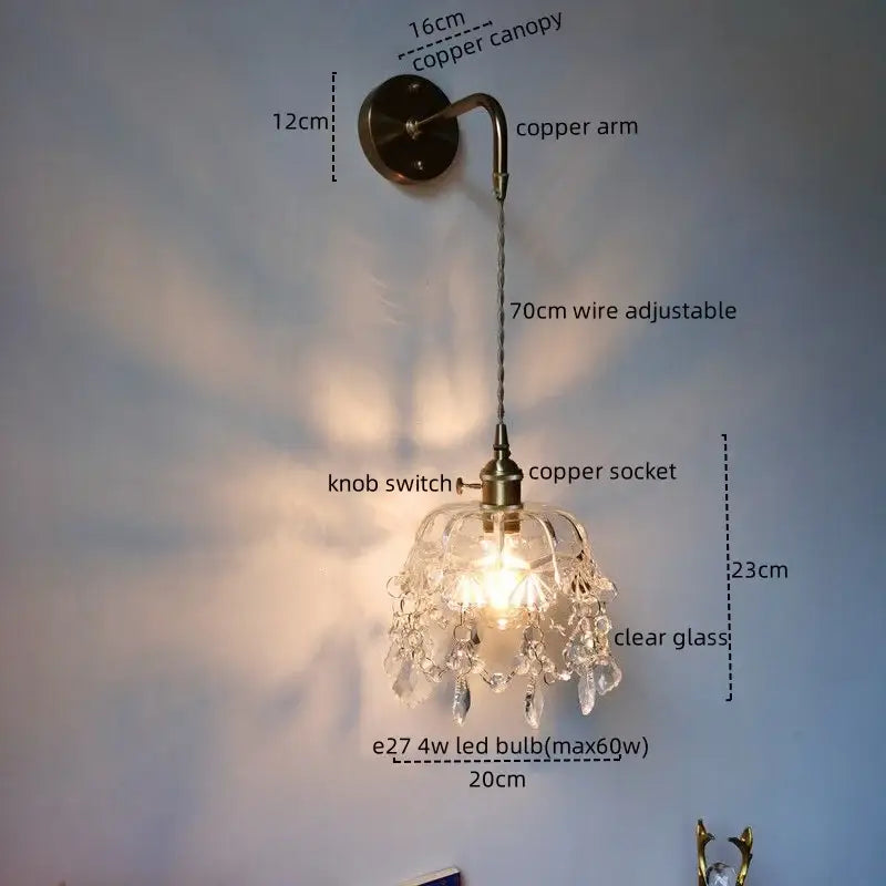 Luxury crystal copper led wall sconce for bedroom lighting