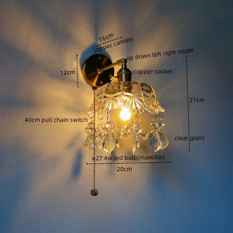 Luxury crystal copper led wall sconce for bedroom lighting