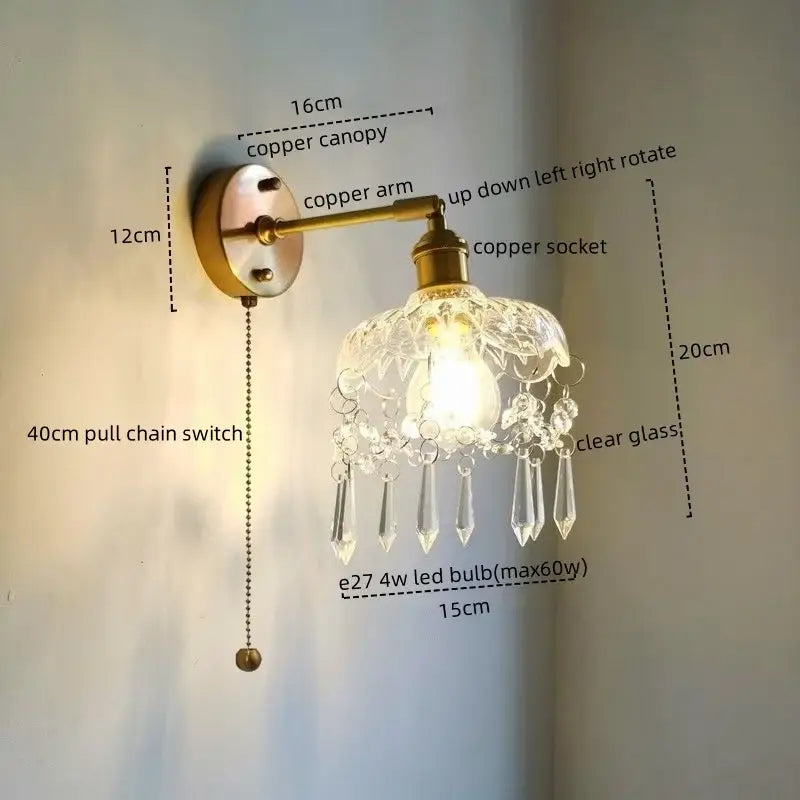 Luxury crystal copper led wall sconce for bedroom lighting