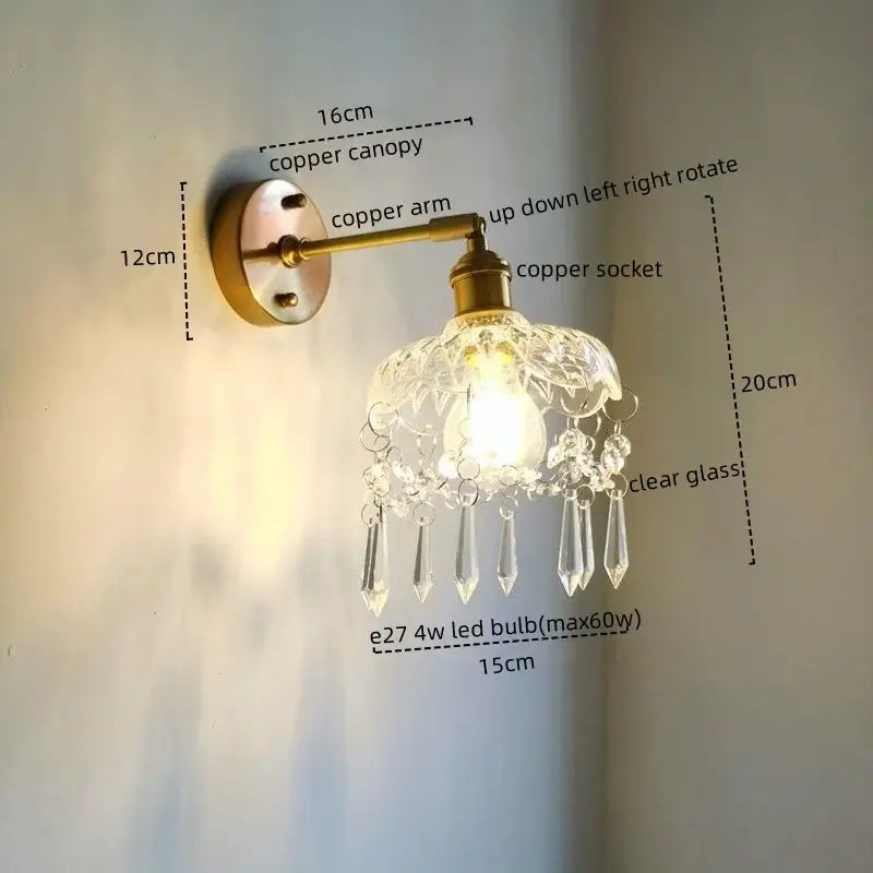 Luxury crystal copper led wall sconce for bedroom lighting