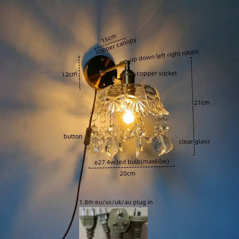 Luxury crystal copper led wall sconce for bedroom lighting
