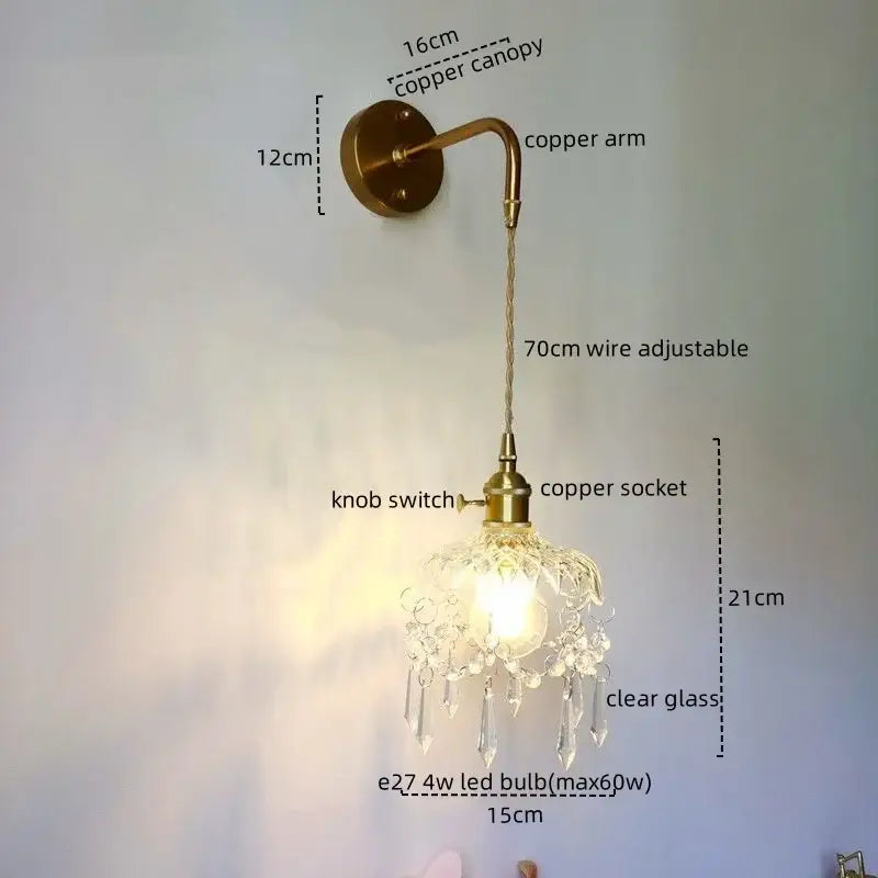 Luxury crystal copper led wall sconce for bedroom lighting