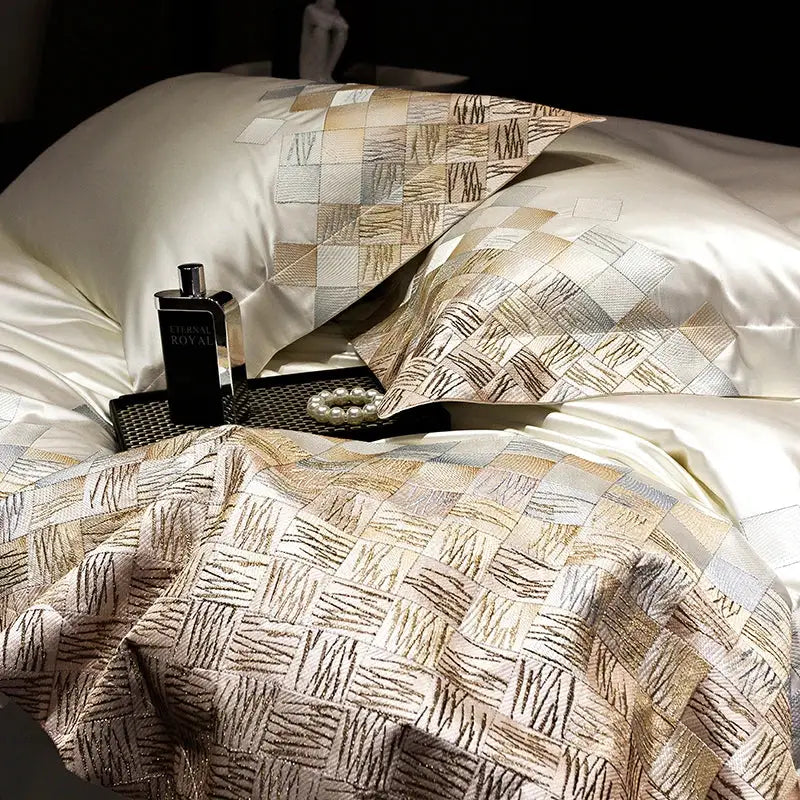 Luxury embroidery bedding set in pearl white & grey – bedroom