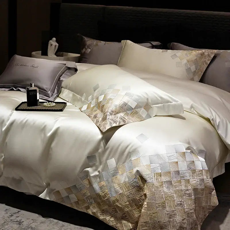 Luxury embroidery bedding set in pearl white & grey – bedroom