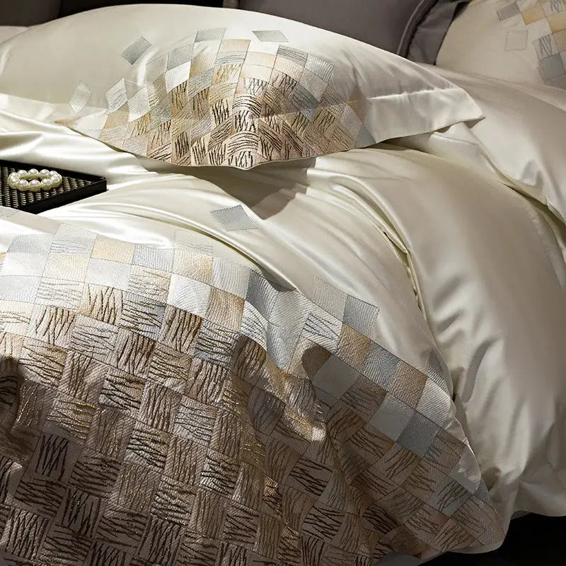 Luxury embroidery bedding set in pearl white & grey – bedroom