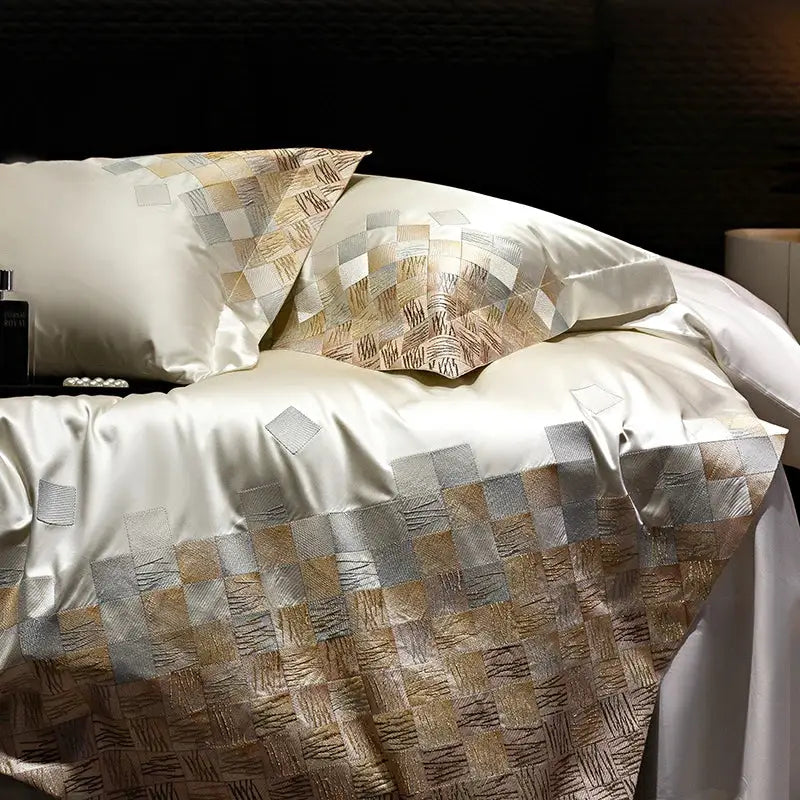 Luxury embroidery bedding set in pearl white & grey – bedroom
