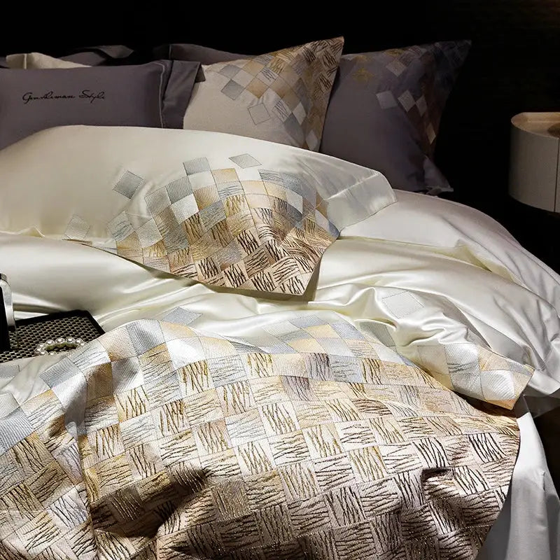 Luxury embroidery bedding set in pearl white & grey – bedroom