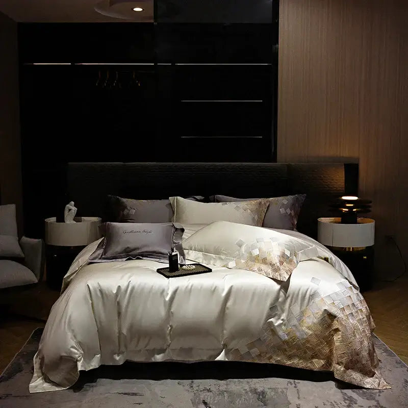 Luxury embroidery bedding set in pearl white & grey – bedroom