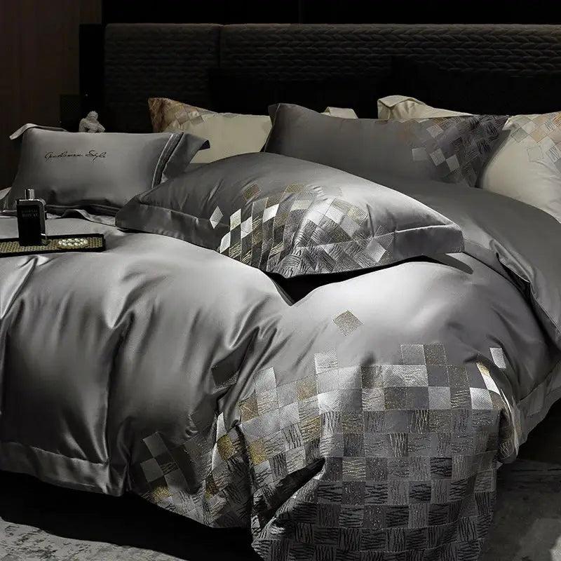 Luxury embroidery bedding set in pearl white & grey – bedroom