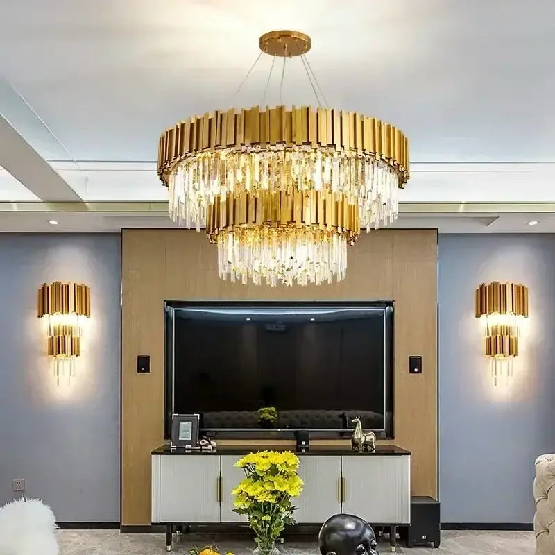 Luxury gold crystal art led ceiling chandelier living room lamp