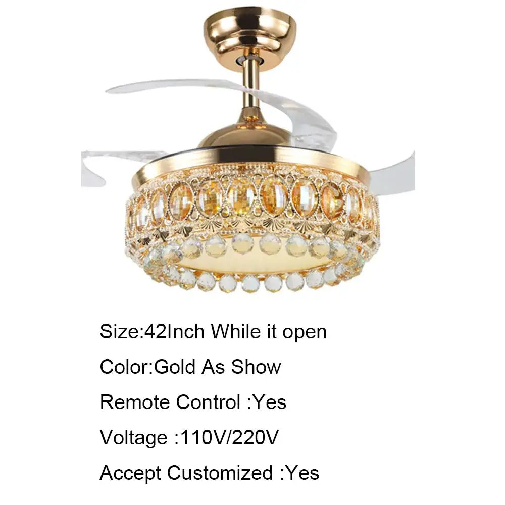 Luxury gold crystal ceiling fan light for living room