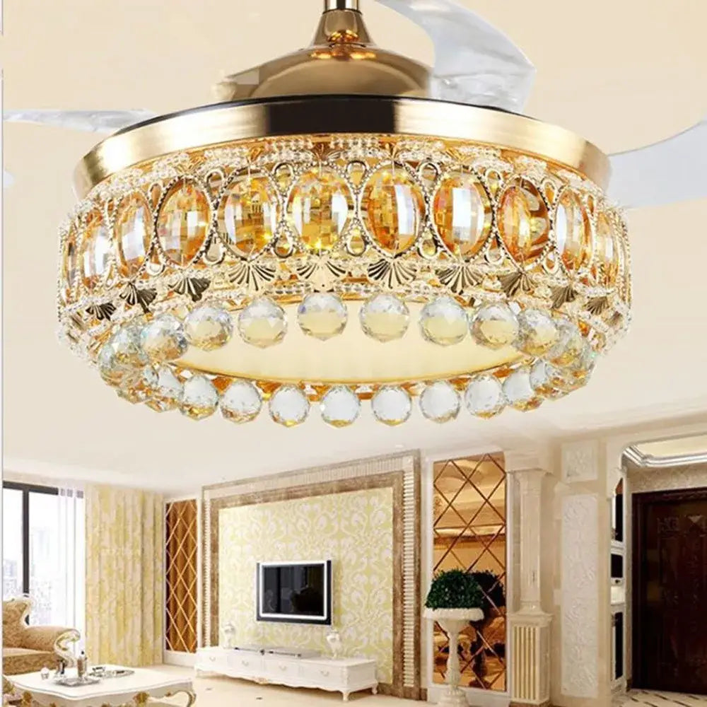 Luxury gold crystal ceiling fan light for living room