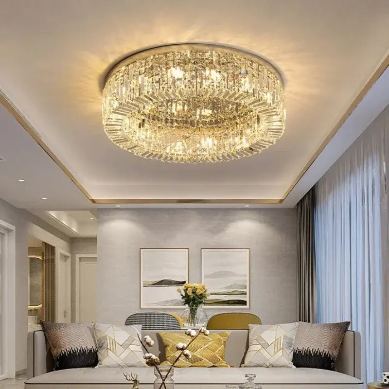 Luxury gold crystal glass round ceiling light for living room
