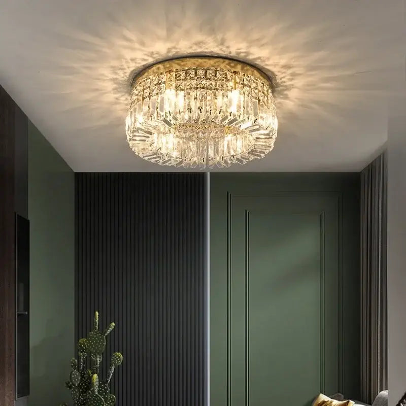 Luxury gold crystal glass round ceiling light for living room
