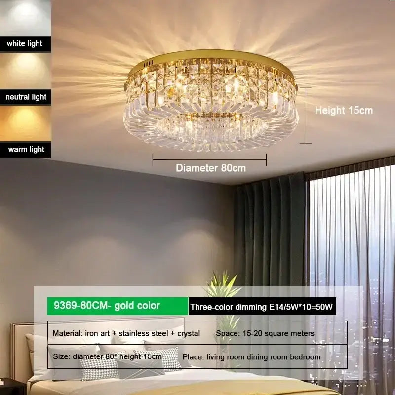 Luxury gold crystal glass round ceiling light for living room