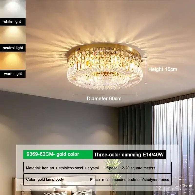 Luxury gold crystal glass round ceiling light for living room