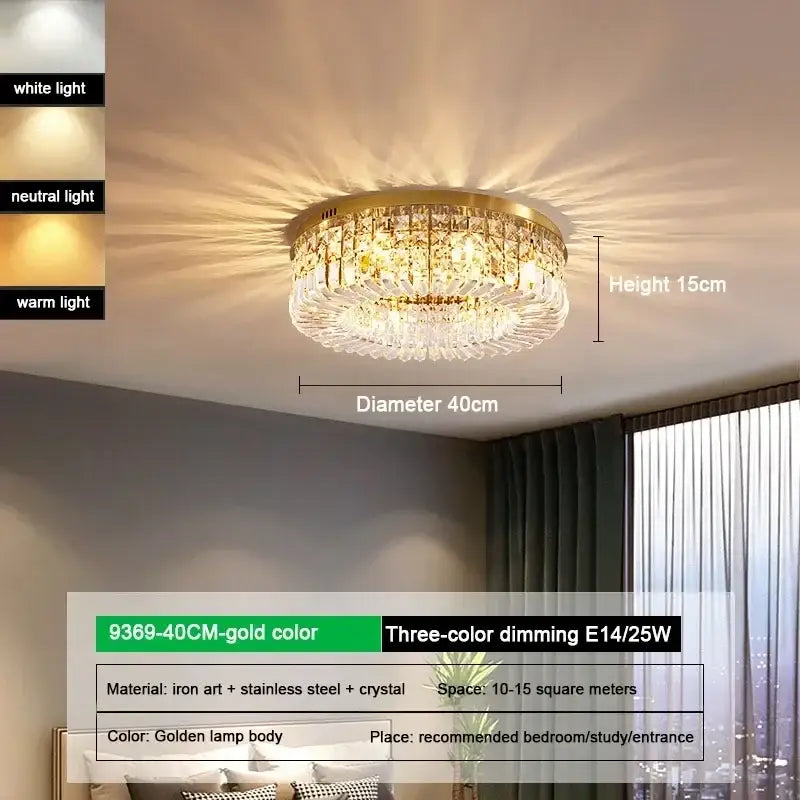 Luxury gold crystal glass round ceiling light for living room