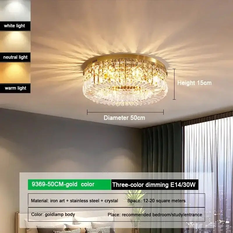 Luxury gold crystal glass round ceiling light for living room