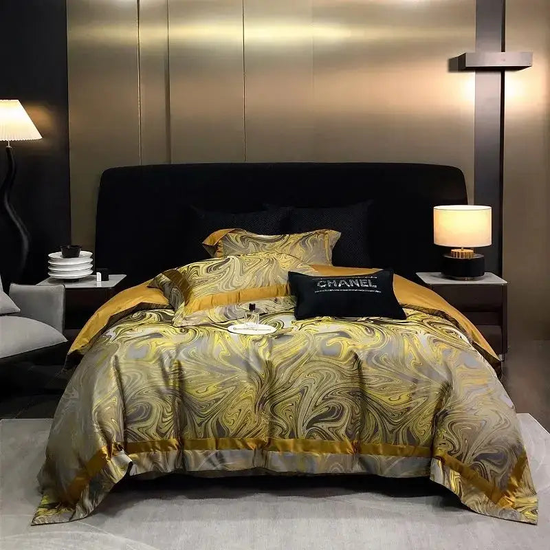 Luxury gold & silver brocade satin jacquard bedding set bedroom