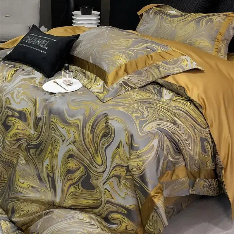 Luxury gold & silver brocade satin jacquard bedding set bedroom