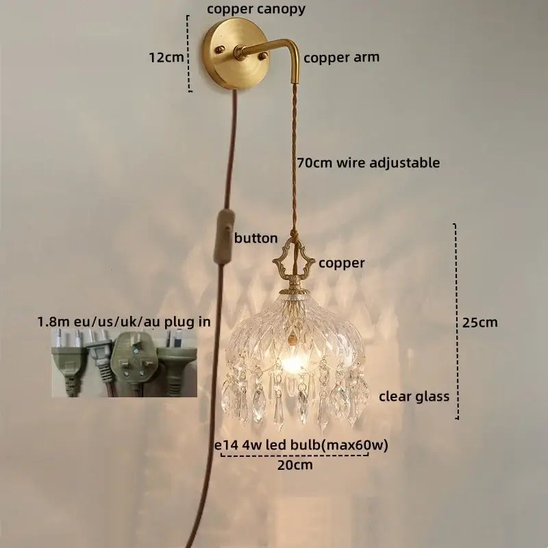 Luxury gold twisted cord crystal glass led wall sconce stair light