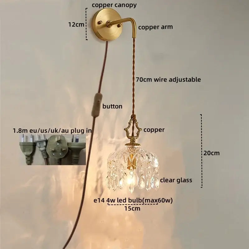 Luxury gold twisted cord crystal glass led wall sconce stair light