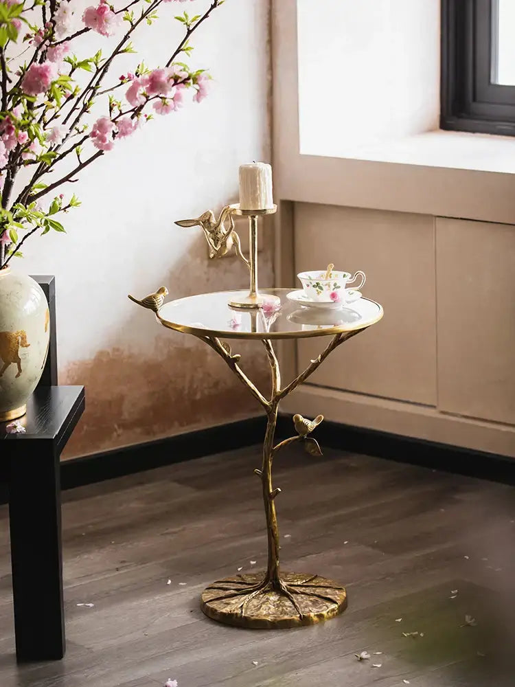 Luxury golden brass bird tree side table living room accent
