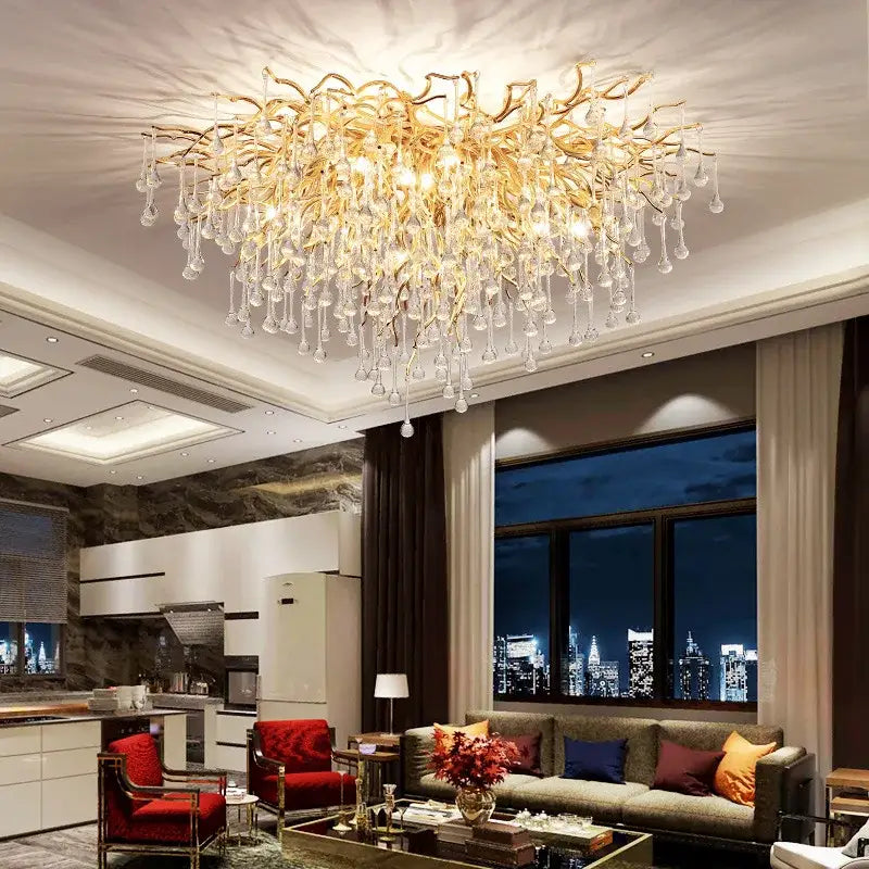 Luxury golden crystal ceiling chandelier living room teardrop decor